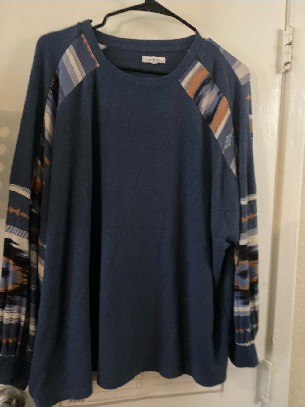 Source Unknown Navy Crewneck Sweater with Patterned Raglan Sleeves